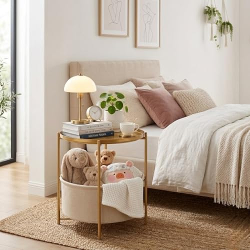 danpinera Gold Side Table with Basket, Small Round Table for Living Room | Metal Modern Nightstand for Small Space, Bedroom, Nursery, Accent Metal Stand with Removable Serving Tray, 20.47 in Tall - color: Gold