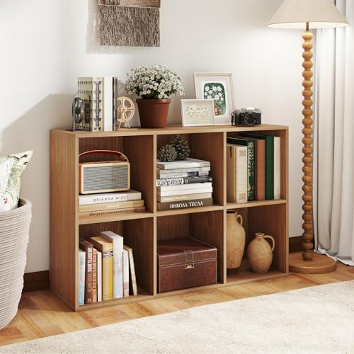 Giantex 6-Cube Bookcase, 3-Tier Cubby Bookshelf, Horizontal Vertical Display Rack with Anti-Tipping Kits, Modern Storage Organizer Shelf Unit for Bedroom, Living Room, Study Room, Natural | Horizontal Vertical Display Rack with Anti-Tipping Kits, Modern S