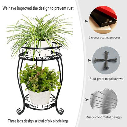 2 Pack 19.2 inch Metal Plant Stand Rack for Round Flower Pot, 2 Tier Potted Holder Indoor Outdoor Rustproof Wrought Iron Heavy Duty Planter Shelf for Corner Living Room Balcony Garden Patio, Black