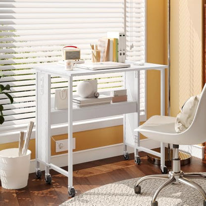 CHOEZON Folding Desk with Power Outlets, 31.5" Rolling Computer Table with Wheels, Portable Office Desk with Storage Shelf for Small Spaces White TDN01UWB - color: White