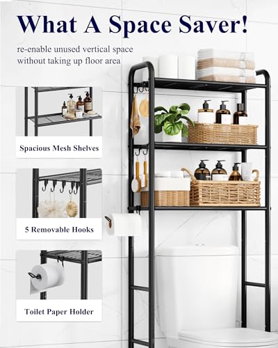 Kitsure Over Toilet Storage Rack, 63.2" H Space-Saving, Holder & Hooks | Bathroom, Laundry Room, Small Spaces, Families, Durable Metal, Black, 3 Tier - color: Black, size: 3 Tiers (63.2"H)