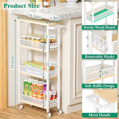Giwil 4-Tier Slim Rolling Storage Cart for Kitchen Bathroom Organizer, Mobile Narrow Storage Cabinet Utility Cart with Wood Rack on Wheels for Pantry Laundry Small Space, White - size: White/Net Bar