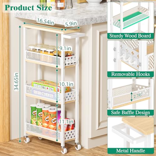 4-Tier Slim Rolling Storage Cart for Kitchen Bathroom Organizer, Mobile Narrow Storage Cabinet Utility Cart with Wood Rack on Wheels for Pantry Laundry Small Space, White - size: White/Net Bar