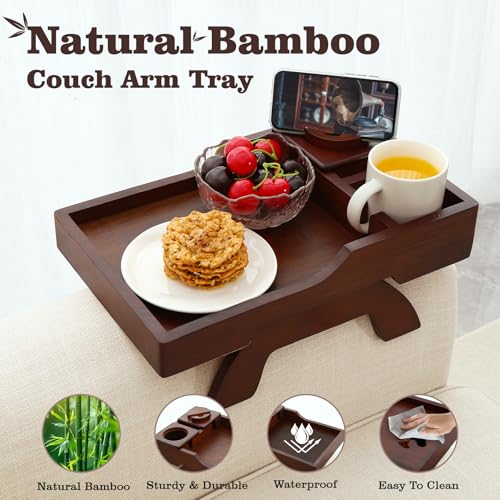 GHKINMAL Couch Cup Holder Tray, 15.4"x9.9" Large 4 in 1 Couch Armrest Table with 360°Rotated Phone Holder, Non-Slip Clip on Side Table for Drinks/Remote/Snacks, Ideal Gift for Husband, Wife, Parents - color: Walnut
