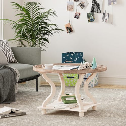 COZAYH Coffee Table - Round Farmhouse Coffee Table - Wood Tray Top, White | 32 in Diameter, 20 in Height, Lower Shelf Storage, Raised Edge, Curved Legs, MDF Construction, 50 lb Capacity - size: 1-Pack Coffee Table