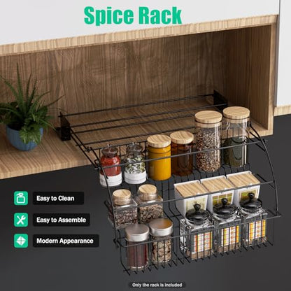 Spice Rack Organizer, 3 Tier Retractable Pull Down Cabinet Mount, Space Saving Design, Rust Resistant Heavy Duty with Railing Stopper & Mounting Screws for Kitchen Cabinet Pantry Cupboard