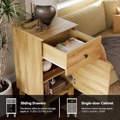 Nightstands with Charging Station, Set of 2 End Table with Power Outlets & USB Ports Modern Side Table with Drawer and Storage Cabinet for Bedroom,Brown Oak - color: Brown Oak