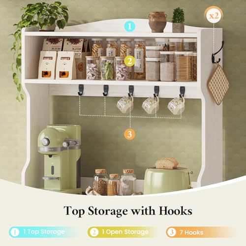 Bakers Rack with Storage and Power Outlet, 31.5 inch Farmhouse Coffee Bar Cabinet, Microwave Stand with Storage Cabinet, 7 Hooks and Curved Design for Kitchen, Coffee Bar, Walnut, White - size: 31.5 in Countertop