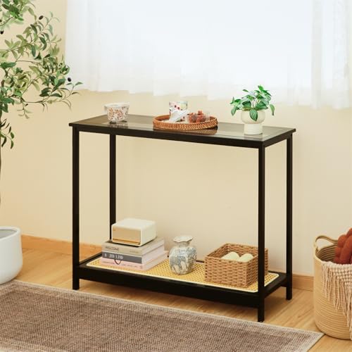 Bamboo Narrow Console Table, 39.4"(L) Wood Small Entryway Table with Rattan and Glass, Accent Slim Hallway Tables, Thin Sofa Side Tables for Hallway, Living Room, Bedroom, Foyer, Black - color: Black 39.4"(l)