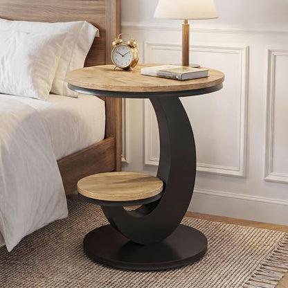 Tribesigns Round End Table with 2-Tier Shelf Storage,C Shaped Wood Side Table for Couch with Metal Frame,Modern Nightstand Accent Table for Living Room,Bedroom,Small Space (Light Brown) - color: Light Brown