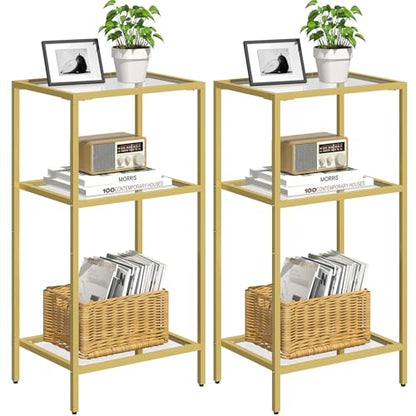 Gold Side Tables Set of 2, Tempered Glass End Table, Gold Nightstand | 3-Tier Small Nightstands with Storage Shelves,Tall Table Stand for Home Decor, Living Room, Bedroom, Office, Gold（2 pack） - size: 2 Pack