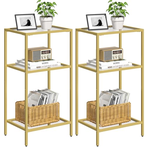 Gold Side Tables Set of 2, Tempered Glass End Table, Gold Nightstand | 3-Tier Small Nightstands with Storage Shelves,Tall Table Stand for Home Decor, Living Room, Bedroom, Office, Gold（2 pack） - size: 2 Pack