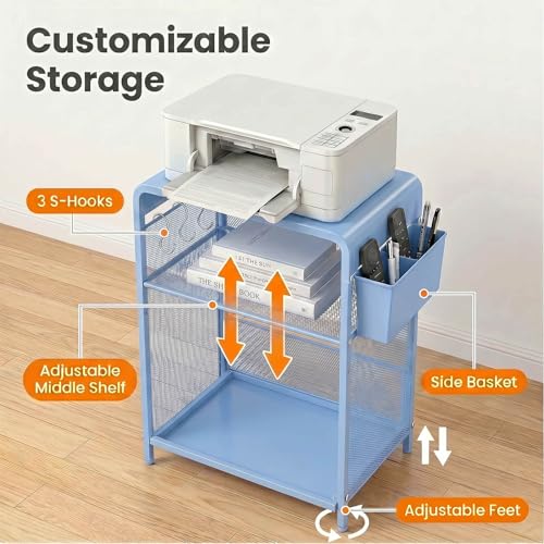 ECOLOVI 3 Tier Printer Stand for Under Desk, Height Adjustable Shelf Small Printer Table with 3 S-Hooks & Basket, Heavy Duty Industrial Storage Shelf for Home Office (Blue Metal) - color: Blue