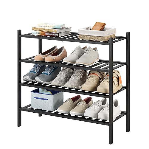 4-Tier Bamboo Shoe Rack for Entryway, Stackable | Heavy Duty | Multi-Function, Free Standing Shoe Racks for Bedroom Hallway Closet（Black） - color: Black, size: 4-Tier-Standard