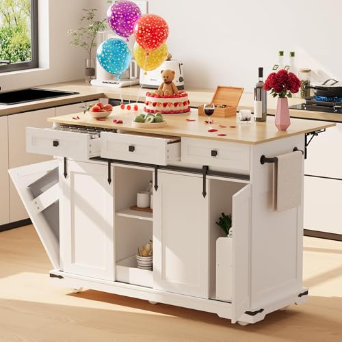 Garvee 54" Kitchen Island with Drop Leaf & Power Outlet | Large Rolling Cart with Trash Cabinet, 2 Sliding Barn Doors, 3 Drawers Mobile Island Table, Spice Rack & Towel Rack, White - color: White & Oak