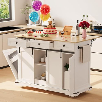 Garvee 54" Kitchen Island with Drop Leaf & Power Outlet | Large Rolling Cart with Trash Cabinet, 2 Sliding Barn Doors, 3 Drawers Mobile Island Table, Spice Rack & Towel Rack, White - color: White & Oak