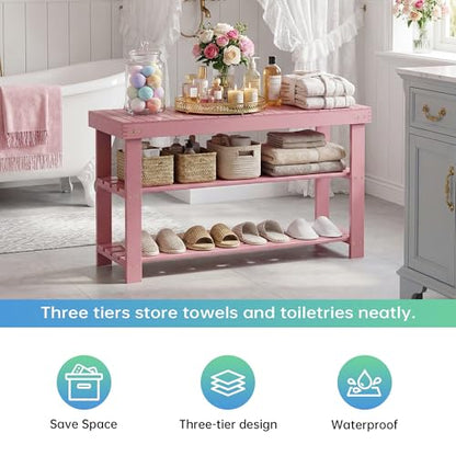 SMIBUY Bamboo Shoe Rack Bench, 3-Tier Shoe Organizer Storage Shelf for Entryway Hallway Bathroom Living Room (Pink) - color: Pink