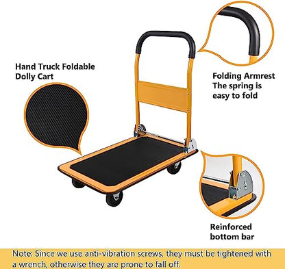 LEADALLWAY Foldable Push Cart Platform Truck 330lbs Capacity with 2 Ropes | 4 Wheels, 28.7"x18.5"x32.3", Small Flatbed Cart, Yellow, Protable - color: Yellow