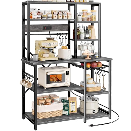 SUPERJARE Large Bakers Rack with Power Outlets, 6-Tier Microwave Stand, Coffee Bar with 12 S-Shaped Hooks, Kitchen Shelf with Wire Basket, 39.4 x 14.6 x 66.9 Inches, Charcoal Gray - color: Charcoal Gray, size: 39.4inch