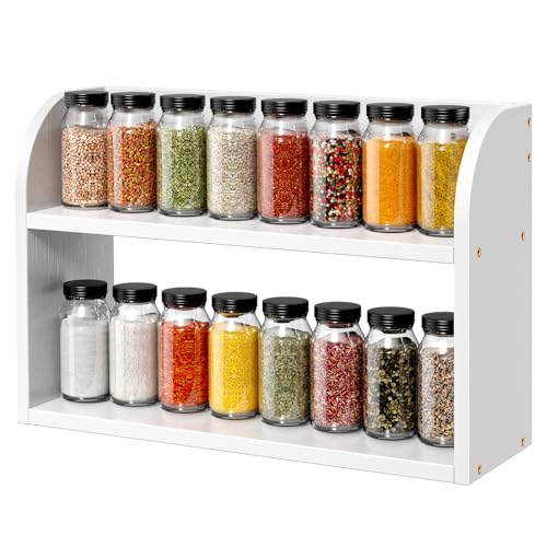 ROMGUAR CRAFT 2 Tier Bamboo Spice Rack, Countertop or Wall Mounting Wood Spice Jars Organizer Shelf for Kitche, Pantry (White) - color: White, size: 2 Tier