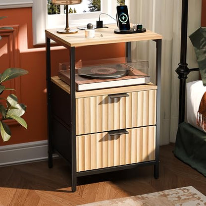VINGLI Nightstands Set of 2 with Fabric Drawers, Fluted Nightstand with Charging Station, Oak Night Stand Set 2, Bed Side Tables with Drawers Fabric, End Tales Bedroom with Charger Station - color: Oak, size: 15"W-2 Drawer 1 Shelf