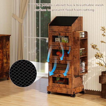 ARTETHYS Potato Storage Bin 5-Tier Rolling Bread Box Cabinet with Side Rack | Onion Keeper with Spice Rack on Wheels, Movable Fruit & Vegetable Container with 4 Ventilated Drawers for Kitchen, Rustic - color: Rustic