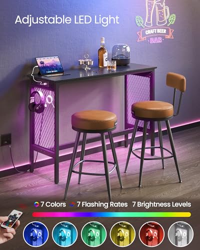 VASAGLE Bar Table with Power Outlets, 47.2 Inches LED Lights Narrow Tall Pub Table, Counter Height Console Desk, Mesh Panels and Metal Frame, for Kitchen, Entryway, Ebony Black and Matte Black - color: Ebony Black + Matte Black, size: 47.2"W, style: Indus