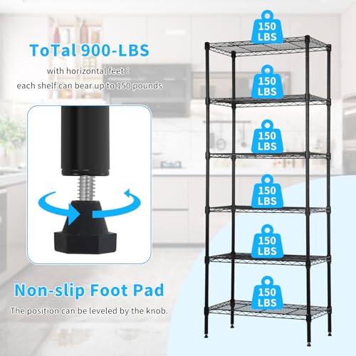 BLKMTY Tall Shelves, 6 Tier Wire Shelving, Narrow Storage Metal Shelf, Standing Shelf Units, Adjustable Garage Shelving, 13.2" D x 23.4" W x 59" H, 900lbs Capacity, Commercial Shelves, Black - color: Black, size: 6 Tire: 13.2" D x 23.4" W x 59" H