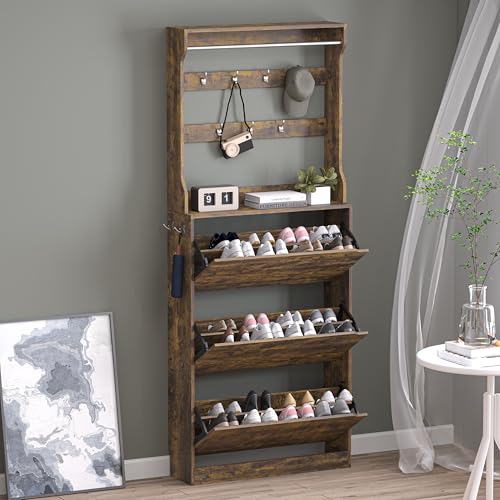 BORNOON Shoe Cabinet with 3 Flip Drawers & Coat Rack, Narrow Hidden Shoe Storage Cabinet, 2-in-1 Hall Tree Slim Freestanding Shoe Rack Organizer for Entryway, Hallway, and Living Room - color: Brown, size: 3 Drawers-Rack