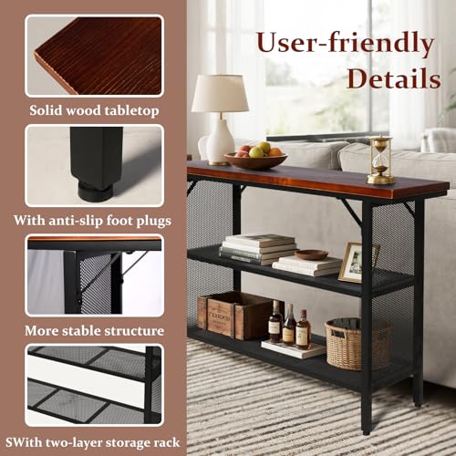 LOKKHAN 47.2 Inch Industrial Console Table with Storage Shelves – Solid Wood Top for Sturdiness, Black Metal Frame with Mesh Design for Airy Look | Perfect for Entryway, Living Room, Hallway