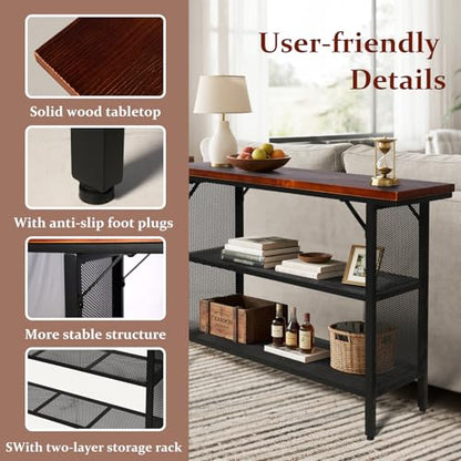 LOKKHAN 47.2 Inch Industrial Console Table with Storage Shelves – Solid Wood Top for Sturdiness, Black Metal Frame with Mesh Design for Airy Look | Perfect for Entryway, Living Room, Hallway