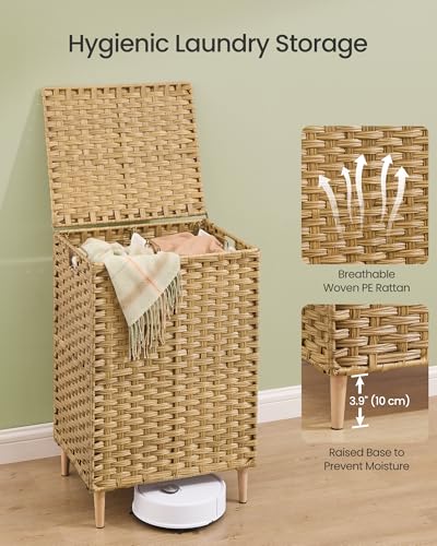 SONGMICS 2-Section Laundry Hamper with Lid, 29 Gal (110L) PE Rattan Laundry Basket with Removable Washable Liners, for Bedroom & Living Room, Goose Yellow ULCB222YE01 - color: Goose Yellow, size: 110 L (2 Basket)