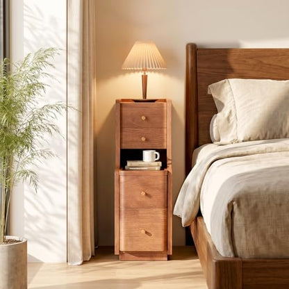 Narrow Nightstand with 4 Drawers, 7.9" Solid Wood Narrow Bedside Table Walnut with Open Shelf & Cable Hole, Modern Night Stand Slim Bedside Table for Bedroom(Fully Assembly) - color: Walnut