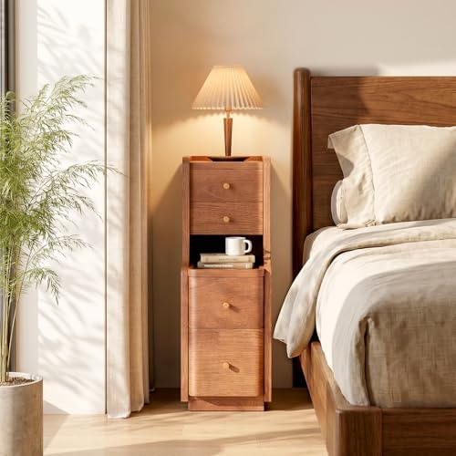 Narrow Nightstand with 4 Drawers, 7.9" Solid Wood Narrow Bedside Table Walnut with Open Shelf & Cable Hole, Modern Night Stand Slim Bedside Table for Bedroom(Fully Assembly) - color: Walnut