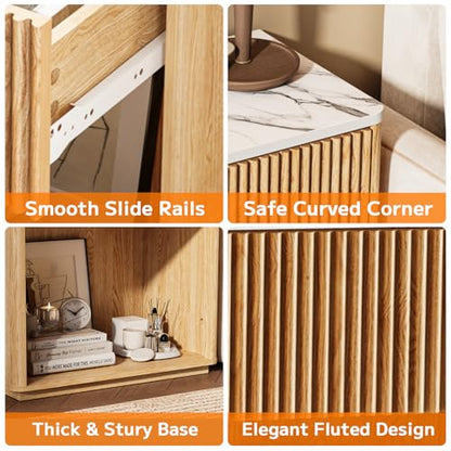 Modern Fluted Nightstand Set of 2 for Bedroom, Mid Century Bedside Table Set with Marble Top & Drawer, Wood End Table, 2 Farmhouse Night Stands for Guest Room, Hallway, Oak - color: Oak