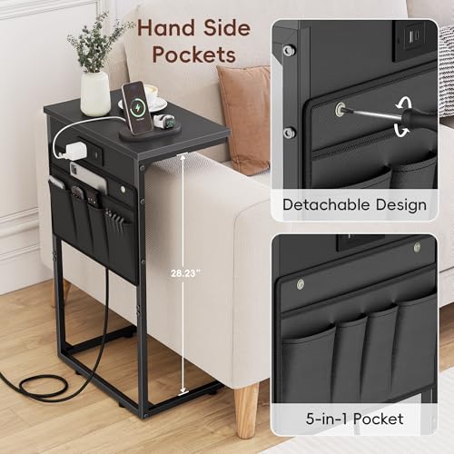 C Shaped End Table with Charging Station, 28" Tall Couch Side Table, Sofa Table Beside Table, Slide Under Sofa Arm C Table for Small Spaces, TV Tray Table for Living Room, Bedroom, Black - color: Black