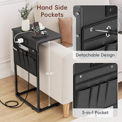 C Shaped End Table with Charging Station, 28" Tall Couch Side Table, Sofa Table Beside Table, Slide Under Sofa Arm C Table for Small Spaces, TV Tray Table for Living Room, Bedroom, Black - color: Black
