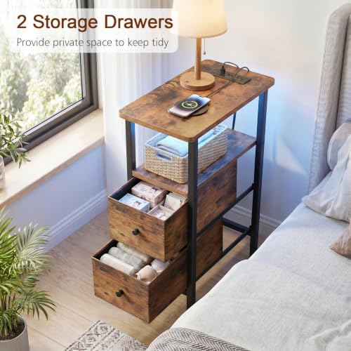 LOAKEKEL Narrow Nightstand with Charging Station, End Tables Living Room | Set of 2, Skinny Side Table with 2 Fabric Drawers, Small Sofa Table with LED Light for Bedroom, Rustic Brown - color: Rustic Brown, style: Power + Light