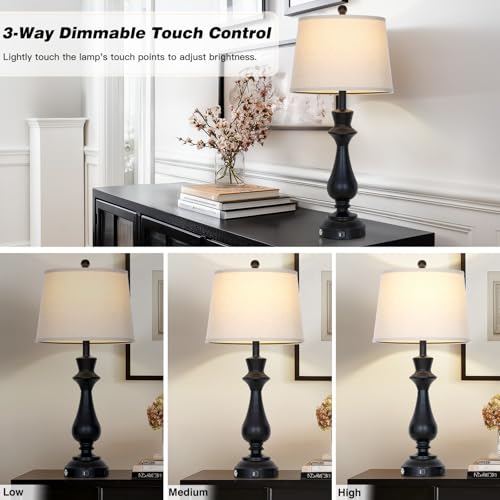 Touch Lamps for Night Stands Set of 2-29.5" Tall Bedside Lamp with USB C+A, 3 Way Dimmable Bedroom Lamps, Black Metal Table Lamps for Living Room - color: Black