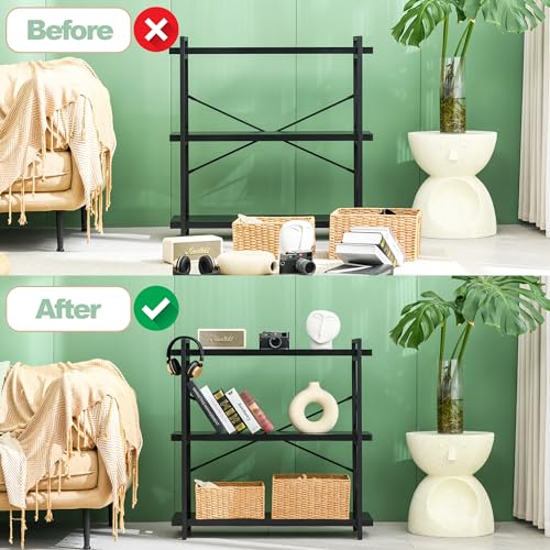HCHQHS Bookshelf, 3-Tier Industrial Bookcase, Black Open Book Shelf, Freestanding Horizontal Bookshelves with Metal Frame - color: Ebony Black, size: 3-Tier (35.8"W x 35.8"H)