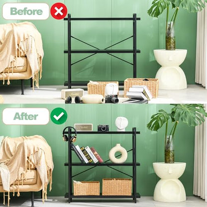 HCHQHS Bookshelf, 3-Tier Industrial Bookcase, Black Open Book Shelf, Freestanding Horizontal Bookshelves with Metal Frame - color: Ebony Black, size: 3-Tier (35.8"W x 35.8"H)