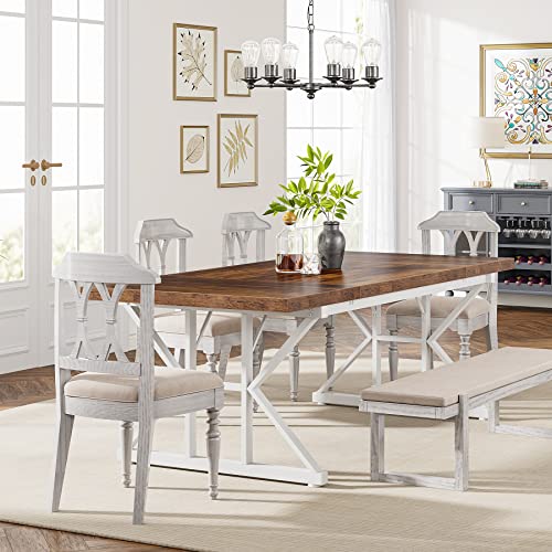 Tribesigns Farmhouse Dining Table for 6 People, 70.8-Inch Rectangular Wood Dining Table, Rustic Kitchen Table with Heavy Duty Metal Legs for Dining Room (Brown/White) - color: Brown/White