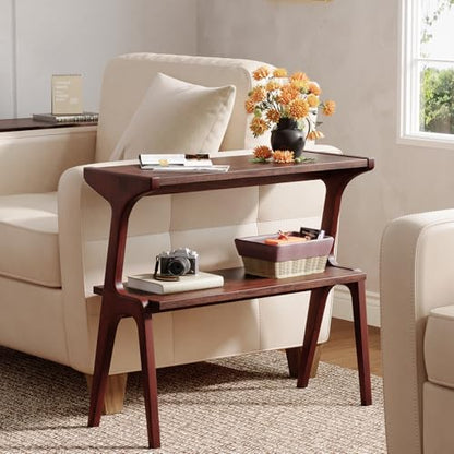 Solid Wood End Table, 2-Tier Side Table with Storage Shelf, Wooden Modern Accent Slim Bedside Table for Sofa, Living Room, Bedroom, Small Space, Easy Assembly, Burgundy - color: Burgundy