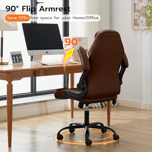 Ylzyxal Office Desk Chair, Ergonomic Computer Chair with Padded Flip-Up Arms and Adjustable Lumbar Support, PU Leather Executive Chair with Tilt Lock and 360° Swivel Rolling Wheels for Work, Study - color: Darkbrown
