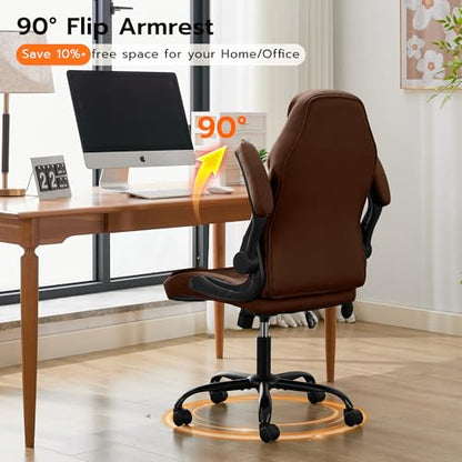 Ylzyxal Office Desk Chair, Ergonomic Computer Chair with Padded Flip-Up Arms and Adjustable Lumbar Support, PU Leather Executive Chair with Tilt Lock and 360° Swivel Rolling Wheels for Work, Study - color: Darkbrown