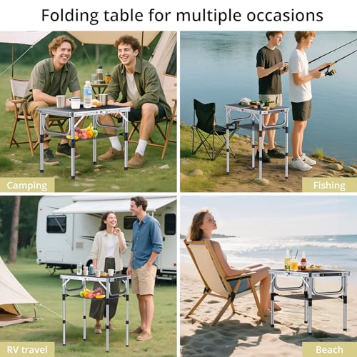 Anbte Folding Camping Table, Aluminum 24" x 16" Adjustable Height Small Folding Table with Carrying Handle, Lightweight, Portable Camping Table Waterproof for Outdoor Indoor Picnic Beach BBQ (Black) | Portable Picnic Table with Net Storage, Quick Assembly