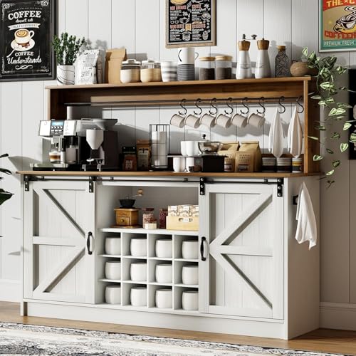 4ever2buy Coffee Bar Cabinet with Storage, 55 Inch Coffee Bar with Hutch, Tall Cabinet with Sliding Barn Doors, 12 Racks and 8 Hooks for Living Dining Room, White - color: White, size: 55Inch