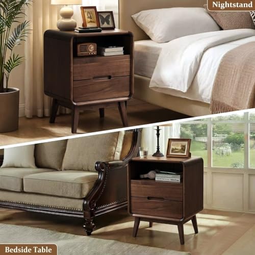 Walnut Nightstand Set of 2, Solid Wood Nightstand with Drawers & Open Storage Shelf, Mid Century Modern Nightstands, Wood End Table for Bedroom, (Dark Black Walnut, 23.23" H) - color: Dark Walnut, style: 2 Drawer & Open Storage-2