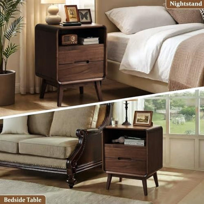 Walnut Nightstand Set of 2, Solid Wood Nightstand with Drawers & Open Storage Shelf, Mid Century Modern Nightstands, Wood End Table for Bedroom, (Dark Black Walnut, 23.23" H) - color: Dark Walnut, style: 2 Drawer & Open Storage-2
