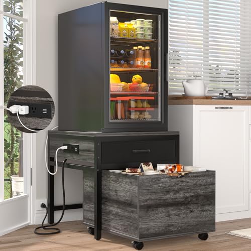 Unikito Mini Fridge Stand with Storage & Charging Station, Gray Oak | Heavy duty small refrigerator table cart with drawer basket, holds 300 lbs, ideal for dorm, apartment, office, bedroom. - color: Gray Oak